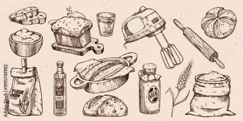 Hand drawn bakery sketch vector illustrations isolated on background. Flour bag and milk bottle, wheat spikelet with grains, bread loaf and rolling pin. Rustic vintage elements with sieve, recipe book