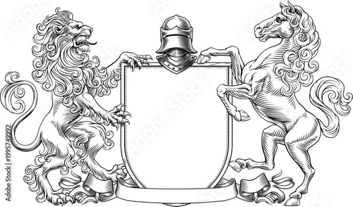 A heraldry crest lion and horse family coat of arms heraldic shield emblem design in an old medieval vintage style 