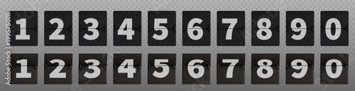 Mechanical flip clock numbers, countdown timer digits, 3d realistic vector illustration isolated on transparent background. Black retro scoreboard panels showing time, classic airport style font