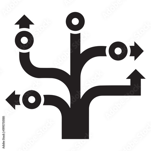Multiple branching arrows icon representing different paths and decisions with direction decision backward strategy business complexity movement