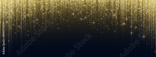 Glittering golden rain, shining sparkles and particles on black background, vector border. Shimmering confetti dust, festive light effect, luxury award banner and celebration design