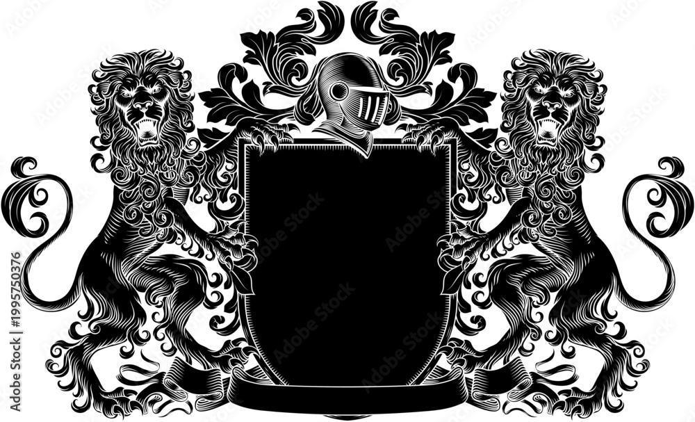 Naklejka premium Lions coat of arms or crest family heraldry medieval heraldic knight shield with helmet and acanthus filigree scroll ornament in a vintage woodcut style.
