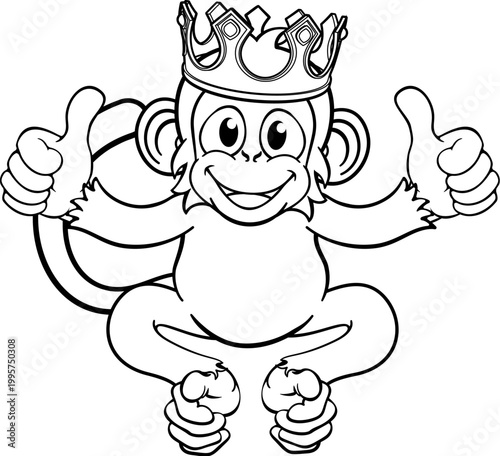 A monkey king cute happy cartoon character animal wearing a crown giving two thumbs up