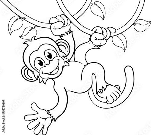 A monkey cartoon character singing on jungle vines and waving