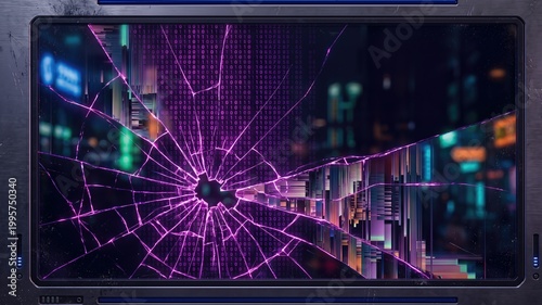 Futuristic Digital Display with Cracked Screen and Neon Cityscape Background