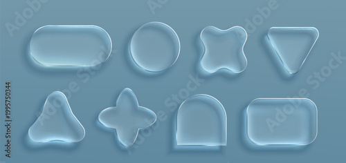 Transparent glass frames with glossy morphism effect, vector set isolated on background. 3D ui elements with realistic texture, rounded corners, crystal clear borders for modern digital interface