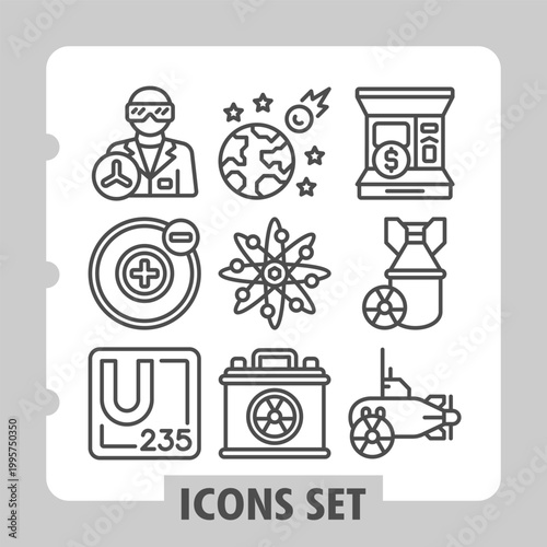 Scientist, electron, uranium icons, showcasing concepts related to science, technology, industry, nuclear energy and space exploration. Set of nine line icons on white background.