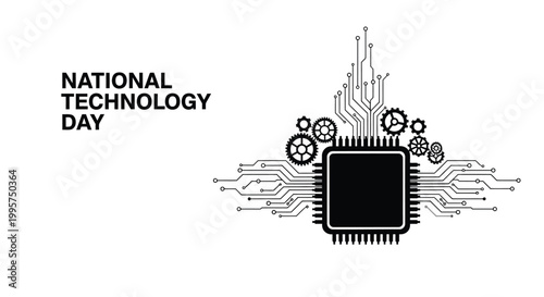Abstract vector illustration of a digital computer processor chip integrated with mechanical gears and circuit paths