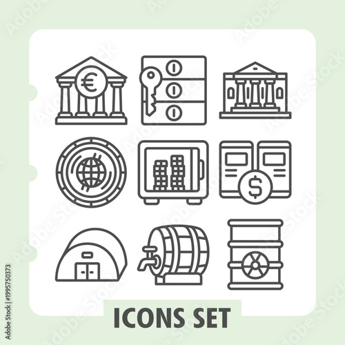 Bank building, globe coin, hangar icons, featuring concepts like banking, financial security, currency, data protection, logistics and resource management. Set of nine line icons on white background.