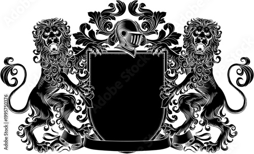 Lions coat of arms or crest family heraldry medieval heraldic knight shield with helmet and acanthus filigree scroll ornament in a vintage woodcut style.