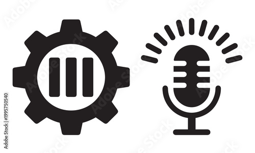 Gear cog and microphone icon symbolizing industry and broadcasting with microphone broadcast recording industry technology communication