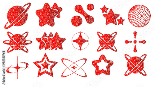 Red glitter Y2K shapes and stars collection isolated on transparent background. Vector sparkling celestial ornaments, ruby red stars and orbits for modern branding and holiday decor. PNG format