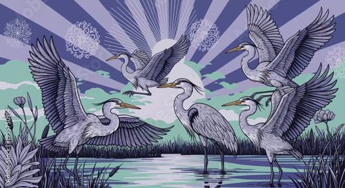 Vintage illustration of gray herons flying over a marsh at sunrise