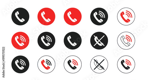 Collection of phone icons in red, black and white
