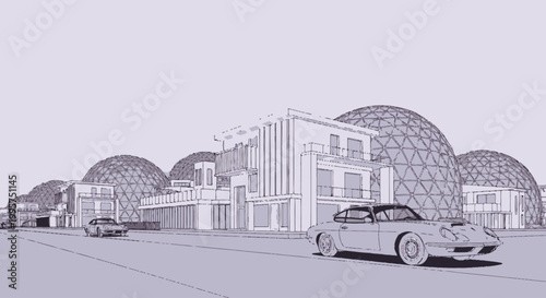 Modern buildings and vintage car on a street