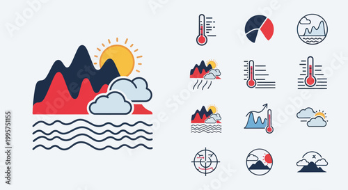 Set of weather icons showing mountains, sun, clouds, and thermometers.