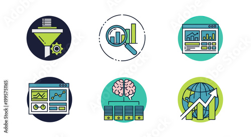 Set of icons representing data analysis and business intelligence concepts