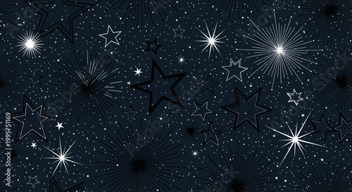 Dark blue background with white stars and starry bursts