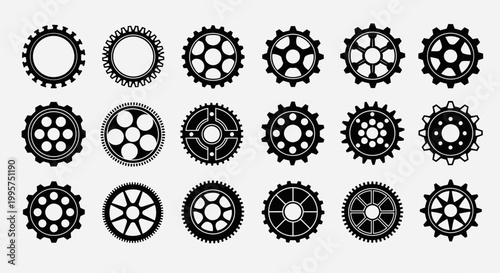 Collection of black gear icons on a white background.