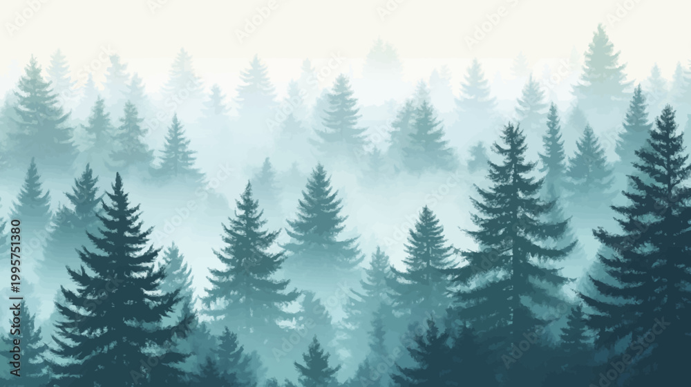 Obraz premium An atmospheric digital artwork of a misty evergreen forest. Layers of trees fade into the background