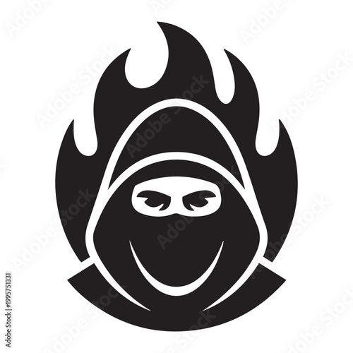 Stylized hooded figure with flames and smiling face mysterious mischief illustration silhouette character abstract excitement positive
