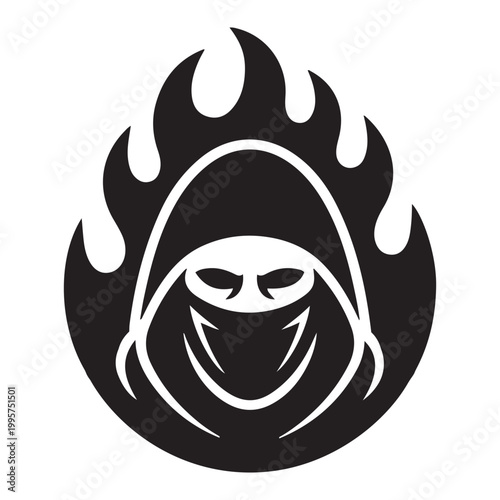 Stylized hooded figure with fire elements graphic design stylized illustration abstract monochromatic symbolism intensity sinister silhouette