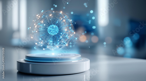 Floating hologram composition of a glowing AI ethics framework diagram with value nodes and fairness metrics suspended above a clean bright platform AI ethics responsible AI