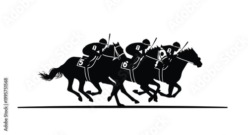 Action Silhouette of Thoroughbred Horses and Jockeys Racing Side View