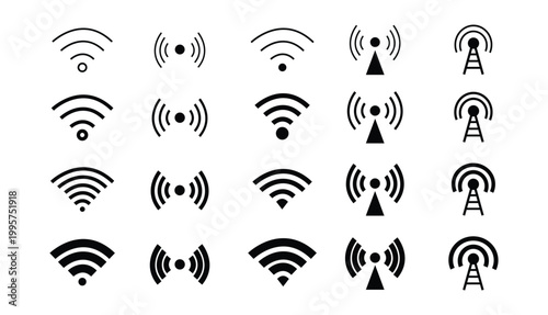Vector Wireless Signal and Wi-Fi Icon Set Featuring Antenna Towers and Connection Strength Symbols for Network Technology
