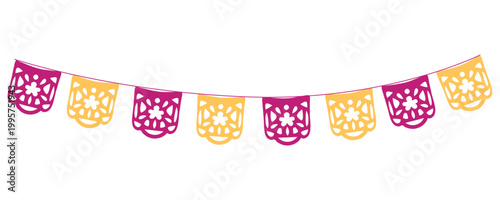 Bright papel picado garland with colorful cut paper flags, festive Mexican banner decoration ideal for party invitations, flyers and celebration designs
