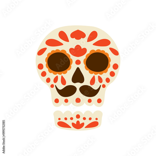 Mexican sugar skull cartoon calavera vector illustration with ornament. Day of the Dead symbol in flat hand drawn style for fiesta poster, holiday invitation, sticker and cultural decorative design