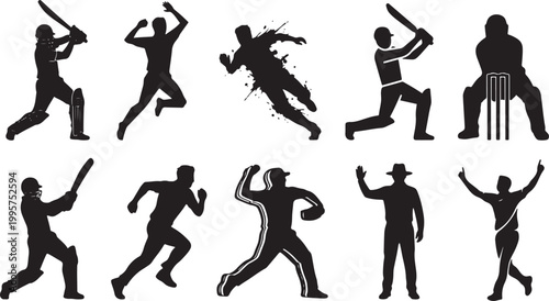 Set of Cricket Player Silhouettes Including Batsman, Bowler, Fielder, Wicket Keeper, and Umpire Actions for Sports Graphic Design Isolated on White