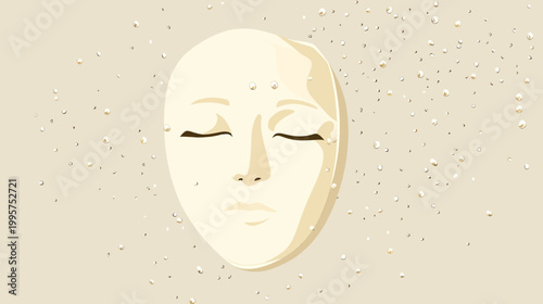 A serene illustrated face with closed eyes, surrounded by floating droplet-like elements