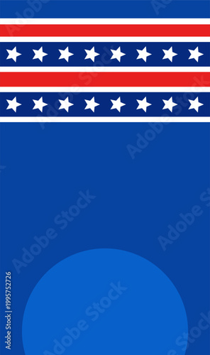 Blue circle on a blue background with patriotic stripes and stars.