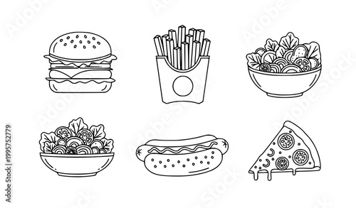 Black and white fast food vector icon set burger fries pizza hot dog salad