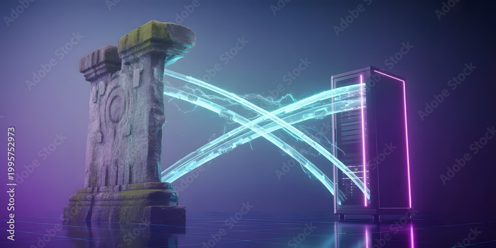 Fototapeta premium Futuristic data transfer from ancient stone column to glowing server tower with neon laser beams in dark atmosphere