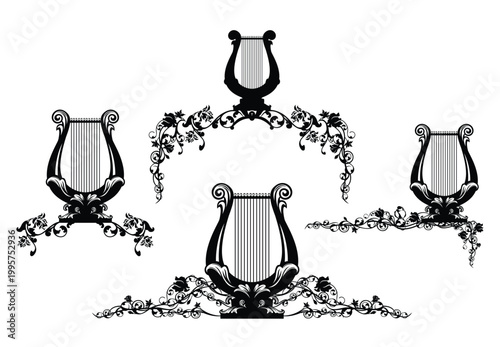 antique lyre black and white vector page decor design set - musical instrument outline and silhouette decorated with rose flower stems border