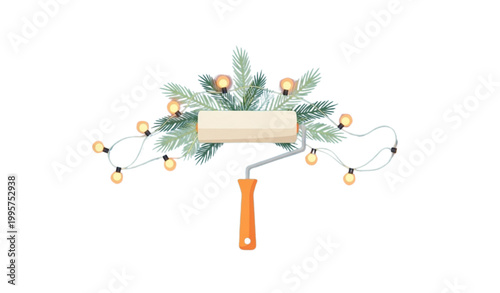 Christmas home renovation paint roller vector spruce lights winter concept