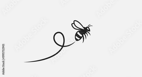 Minimalist bee illustration flying with a swirl trail on white background