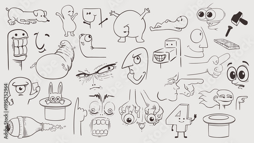 creative vector background filled with original doodles including funny faces, expressive hands, and humorous elements, forming a lively playful composition with a casual sketch style and imaginative 