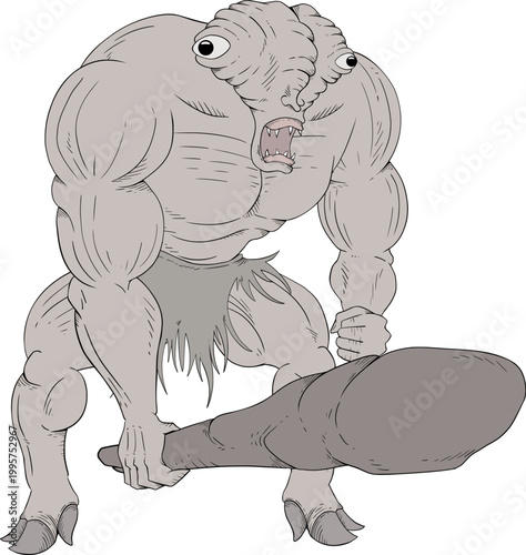 A prehistoric mutant creature with exaggerated muscles wields a massive wooden club, featuring bizarre anatomy and unique fantasy design style draw