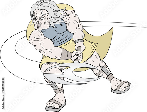 An elegant, gray haired warrior in a flowing cloak delivers a powerful axe strike, captured in a dynamic and heroic pose draw