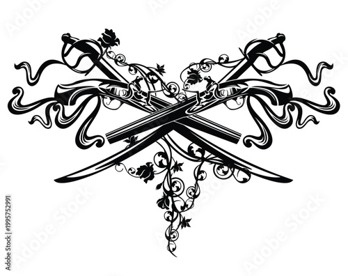 crossed sabre sword and antique pistols among rose flower stems and ribbons - duel weapon black and white vector design