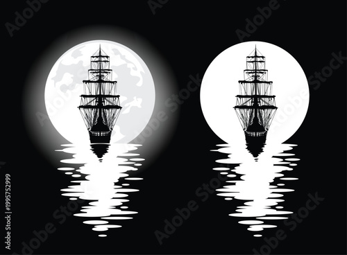 old pirate sail ship standing in water at night with full moon -  antique sea adventure symbol vector silhouette design