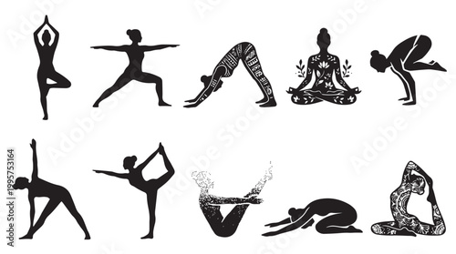 Set of Yoga Pose Silhouettes Including Tree Pose Warrior Downward Dog Lotus and Floral Patterns for Wellness Harmony and Healthy Lifestyle