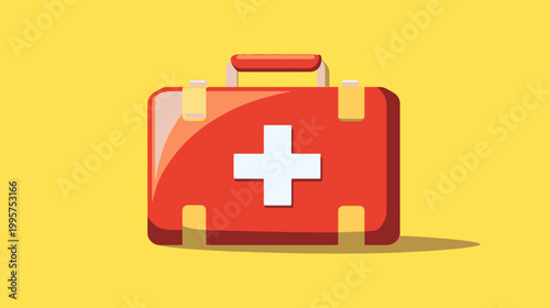 A brightly colored graphic of a first aid kit with a white cross on a yellow background