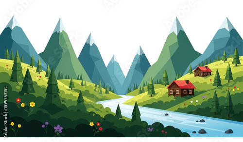 Mountain landscape vector serene nature river hills cabin scene