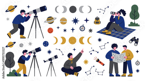 Astronomy enthusiasts observing celestial bodies and constellations with telescopes and star charts enjoying a night sky hobby