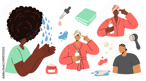 Diverse people performing skincare routines with cleansing washing face applying moisturizer and serum for healthy glowing skin