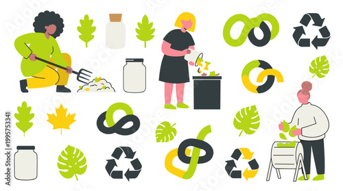 Sustainable living concept with people recycling composting and gardening with nature elements and eco symbols